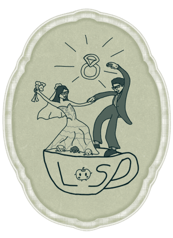 Leslie and Serj dancing in a teacup inside a scalloped sage-green frame